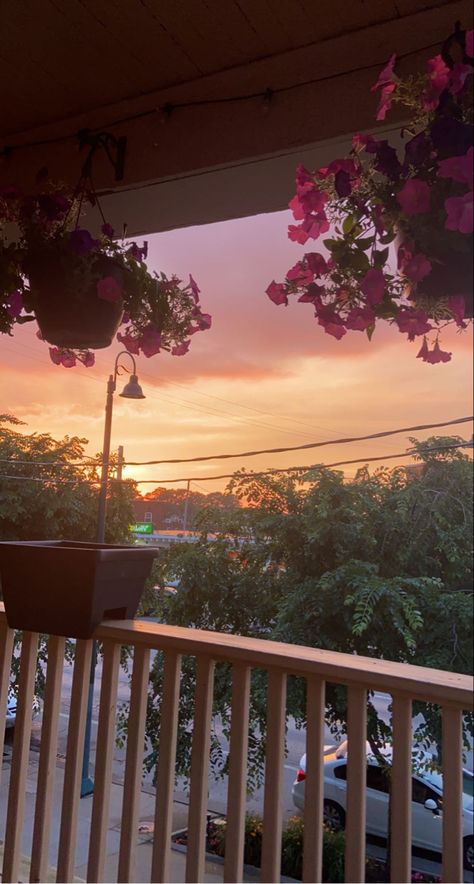 Sunset, balcony, aesthetic sky, pink, flowers, summer, spring, summer aesthetic, inspo Sunset Balcony, Pink Balcony, Sunset From Balcony, Apartment Terrace, Black Bratz Doll, Pink Sunset, Sunset Pictures, Sunset Photos, Balcony