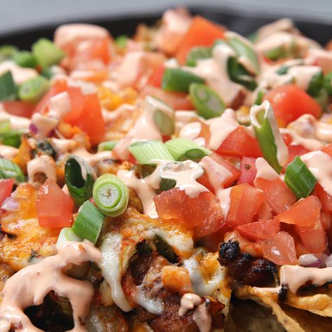 Korean-Style Pork Belly Nachos Recipe by Tasty Crock Pot Nachos, Kimchi Pork, Crock Pot Vegetables, Fried Pork Belly, Pork Belly Slices, Proper Tasty, Crispy Pork Belly, Loaded Baked Potato Soup, Party Dishes