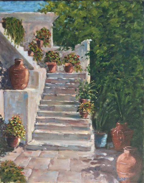 Stairs Painting Art, Painting Of Stairs, Staircase Painting, Stairs Drawing, Stairs Painting, Staircase Drawing, How To Draw Stairs, Outside Stairs, Painted Staircases