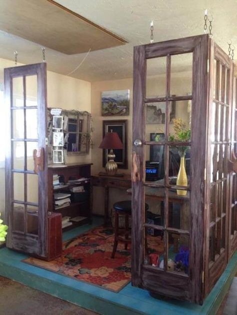 Old Closet Doors, Salvaged Doors, Old Barn Doors, Diy Room Divider, Room Divider Doors, Doors Repurposed, Splash Screen, Big Bucks, French Doors Interior