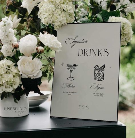 Introducing our Signature Cocktails Wedding Bar/ Drinks Menu Signage Template in Old Money Eleanor Collection. This design features my original cocktails illustration and modern vintage inspired typography, a unique addition to your wedding, engagement, hens party, birthday, dinner party or any special event.  With this template, you can edit all details including wording, text font, illustration color and background color as well as upload your own graphics to make this sign uniquely you. Our t Cute Bar Signs For Wedding, Cocktail Hour Engagement Party, Wedding Cocktails Sign, Specialty Cocktail Sign, Wedding Signs Bar, His And Her Wedding Cocktails, Wedding Signature Drink Sign, Engagement Party Details, Menu Wedding Cards