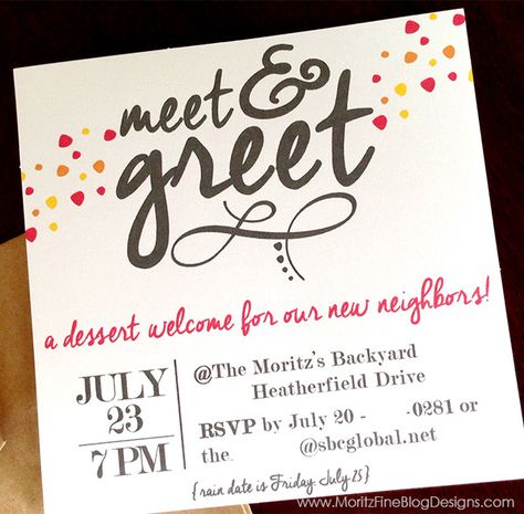 Meet & Greet Free Printable Invitation Meet And Greet Invitation, Neighborhood Party Invitations, Neighborhood Activities, Neighborhood Gifts, Bunny Baby Shower Invites, Neighborhood Party, Invitation Examples, Boy Shower Invitations, Activity Director