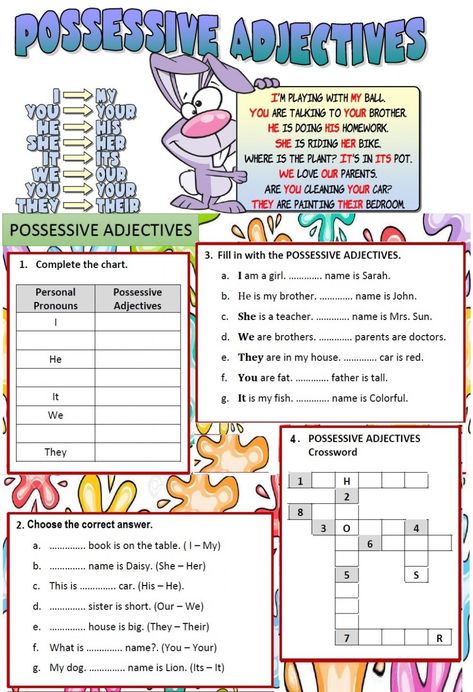 To Worksheet, Possessive Adjectives Worksheets Grammar, Possessive Adjectives For Kids, Possessive Adjectives Worksheets, Possessive Pronouns Worksheet, Adjectives For Kids, Adjectives Exercises, Adjectives Activities, Bissell Carpet Cleaner