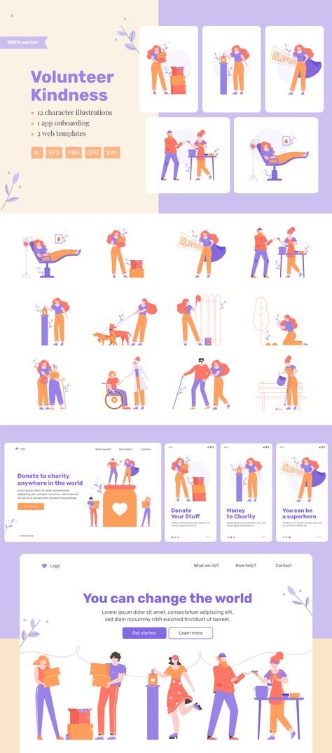 Volunteer&Kindness Illustration — Illustrations on UI8 Volunteer Illustration, Kindness Illustration, Volunteer App, Charity Websites, App Onboarding, Wix Templates, Snow Angel, Charity Organizations, Volunteer Work