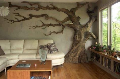 love the 3D tree on the wall for a nature-themed nursery Shaped Shelves, Kolam Koi, Carved Wall Art, Koti Diy, Tree Mural, Tree Decals, Metal Tree Wall Art, Cob House, Metal Tree