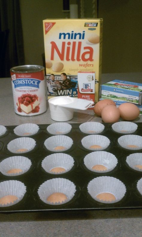 Mini Cheesecakes | Us Girls..Our Views Mini Cherry Cheesecakes, Mini Baking, Canning Cherry Pie Filling, Canned Cherries, Nilla Wafers, Brownie Desserts, Cherry Cheesecake, 3 Eggs, Vanilla Wafers