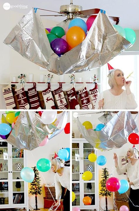 DIY Balloon Ball Drop by One Good Thing by Jillee Fun Nye Activities For Kids, Nye Appetizers New Years Eve Kids, Kid Nye Party Ideas, New Years Eve Decorations Ideas Diy, News Years Eve Party Ideas, Diy Balloon Drop, Nye Kids, Kids Nye, Nye Party Ideas