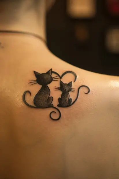 Mom And Kitten Tattoo, Cat In Tree Tattoo, Tattoo Ideas For Your Cat, Cat Mother Daughter Tattoos, Simple Cat Tattoos For Women, Cat Paw Tattoos For Women, Cats Tatoos Ideas, Cat Woman Tattoo Design, Celtic Cat Tattoo