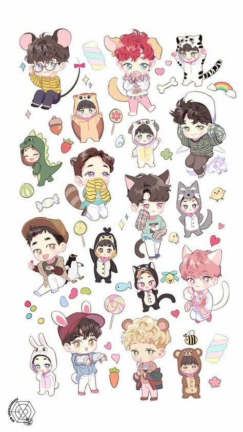 EXO wallpaper / Lockscreen / Background Twitter @EXOWallpapers Bts Chibi Wallpaper, Bts Wallpaper Laptop, Exo Cartoon, Exo Chibi Fanart, Exo Anime, Exo Stickers, Exo Chibi, Exo Red Velvet, Chibi Wallpaper