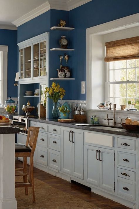 best kitchen paint colors, popular kitchen paint colors, good kitchen paint colors, trendy kitchen paint colors Blue Walls Cream Cabinets, Blue Painted Kitchen Walls, Kitchen With Blue Walls, Paint Colors Kitchen Walls, Blue Lower Kitchen Cabinets, Light Blue Kitchen Walls, Top Kitchen Paint Colors, Best Kitchen Paint Colors, Blue Kitchen Paint