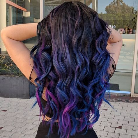 Blue Purple Balayage, Purple Balayage, Purple Ombre Hair, Blue Ombre Hair, Galaxy Hair, Dark Hair With Highlights, Dyed Hair Inspiration, Colored Curly Hair, Beautiful Hair Color