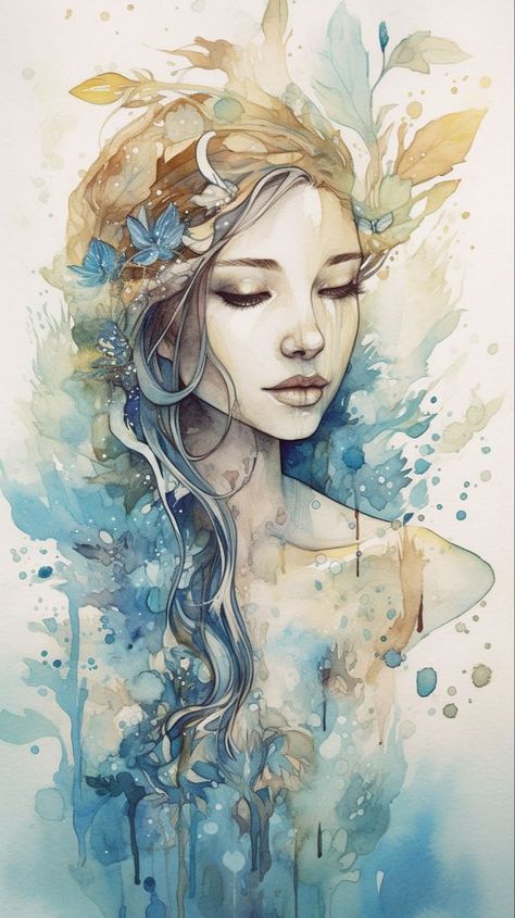 Unique Watercolor Paintings Ideas, Watercolour Faces, Watercolour Face, Watercolour Woman, Drawings With Charcoal, Surreal Watercolor, Nature Watercolor Art, Painting Of Woman, Flowers And Mushrooms