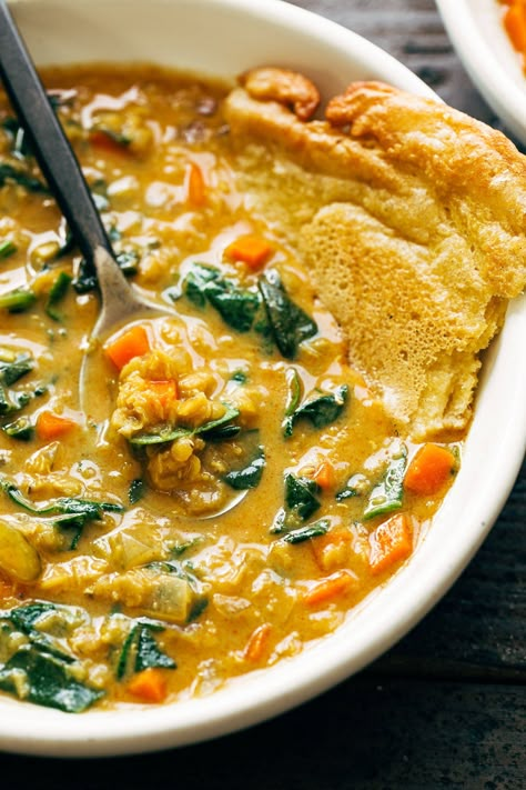 Lentil Soup With Spinach, Red Curry Lentils, Kale Apple Salad, Soup With Spinach, Pinch Of Yum, Coconut Milk Soup, Crispy Shallots, Healthy Soups, Red Lentil Soup