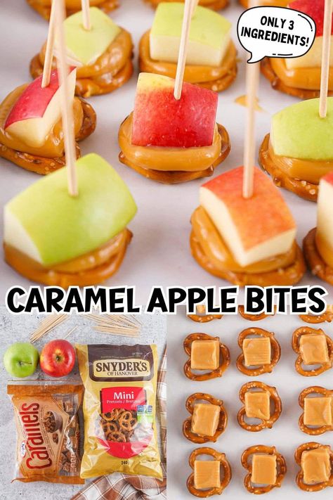 It’s time to get on the TikTok trend and try these Caramel Apple Bites this season. Simple to assemble with mini pretzels, caramels, and apple pieces, these tasty fall treats are an easy, sweet, and salty snack on a stick. Great for a party or an after-school snack! Taste why they go crazy on Facebook and Pinterest every time I post them! #falldessert #caramelapples #bitesized Caramel Apple Halloween Treats, Fall Theme Snacks For Preschool, Sliced Candy Apples On A Stick, Candy Apple Bar Halloween, Carmel Apple Bites With Pretzels, Apple Pretzel Bites, Carmel Apple Snacks, Caramel Apple Bites Easy, Preschool Fall Party Snacks