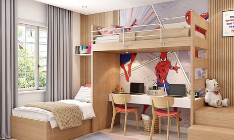 Solid wood bunk bed integrated with desk underneath and spider-man-themed wall All In One Bedroom, Best Bunk Beds, Bed With Desk Underneath, Bunk Bed For Kids, Futon Bunk Bed, Wood Bunk Bed, Spiderman Wallpaper, Solid Wood Bunk Beds, Bed For Kids