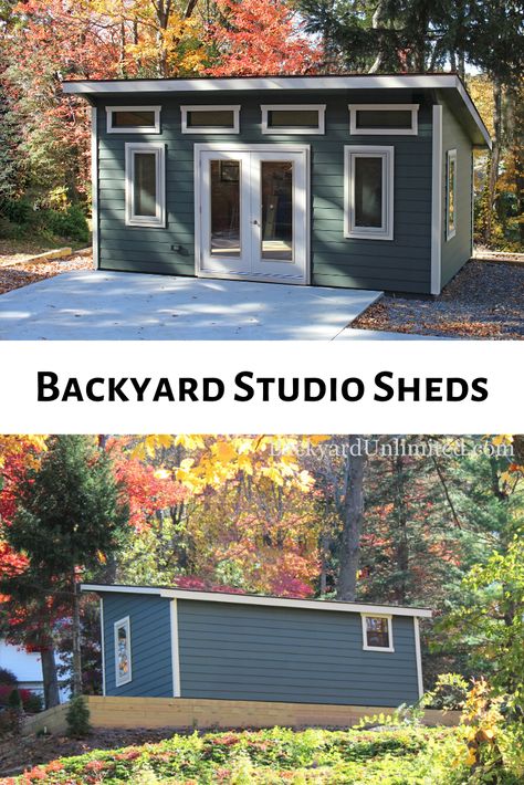 Lean To Studio Shed, Lean To Sheds Ideas Backyard, Shed To Studio, Office Sheds Backyard, Studio Sheds, Sauna Project, 10x20 Shed, Backyard Art Studio, Contemporary Sheds