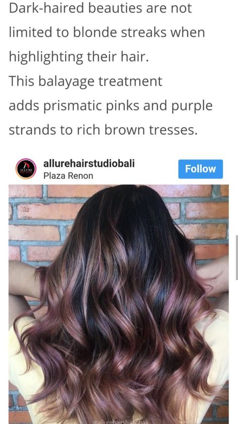 Chocolate Mauve Balayage, Mauve Balayage Brunettes, Mauve Brunette Hair, Mauve Hair Balayage, Colored Brunette Hair, Chocolate Mauve Hair Bayalage, Dark Mauve Hair, Chocolate Lilac Hair Color, Mauve Brown Hair