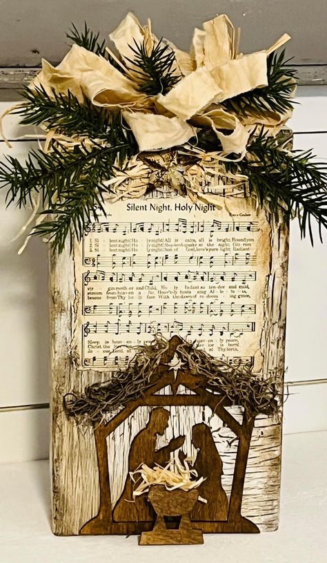 Hymnal Crafts, Sheet Music Crafts, Christmas Sheet Music, Music Crafts, Nativity Crafts, Christmas Signs Wood, Christmas Wood Crafts, Holiday Crafts Christmas, Christmas Ornament Crafts