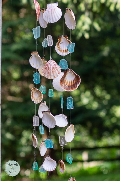 Inspired by the movie "The Choice" this easy seashell and glass windchime is a charming addition to your outdoor decor. Decorated Seashells, Sea Glass Wind Chime, Seashell Mobile, Windchimes Diy, Mermaid Garden, 33 Birthday, Glass Windchimes, Shell Projects, Seashell Wind Chimes