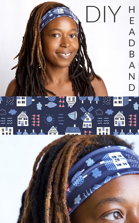 This easy DIY Headband project is a great way to use up that extra Sport Lycra fabric lying around.  You need less than a fat quarter to complete this project!  Click to see the headband tutorial.  Delf pattern by stacyiesthsu spoonflower.com/designs/2392542 Biker Hair, Knotted Headband Diy, Jersey Knit Headband, Braided T Shirts, Serger Projects, Diy Elastic, Sewing Headbands, Diy Headbands, Diy Workout