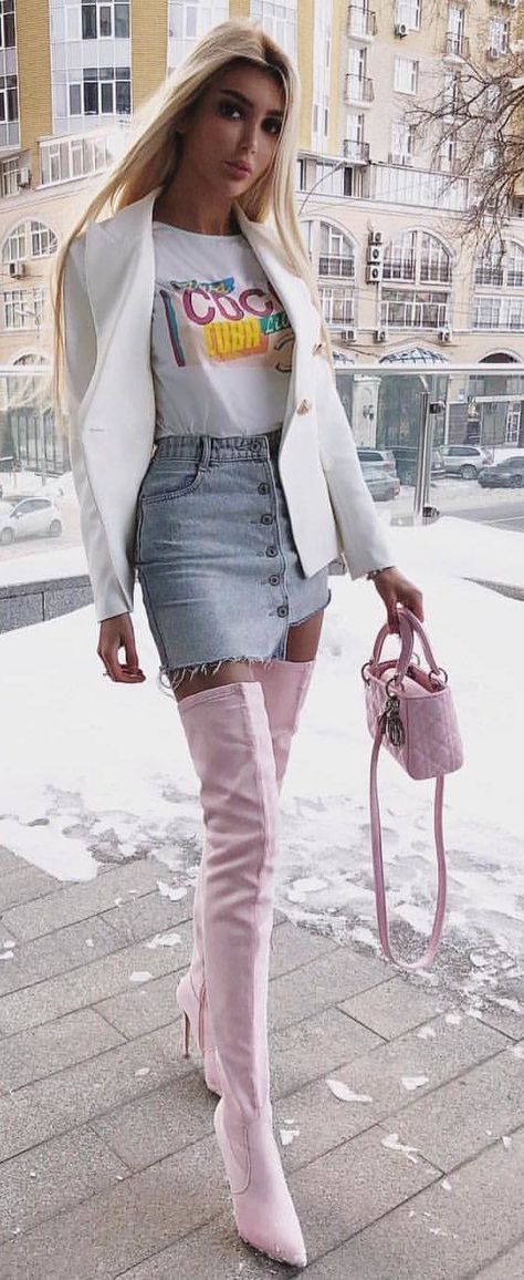 Thigh High Outfits, Pink Boots Outfit, White Off Shoulder Dress, Preppy Spring, Womens High Boots, High Boots Outfit, Woman In White, Outfits To Copy, Blue Denim Skirt