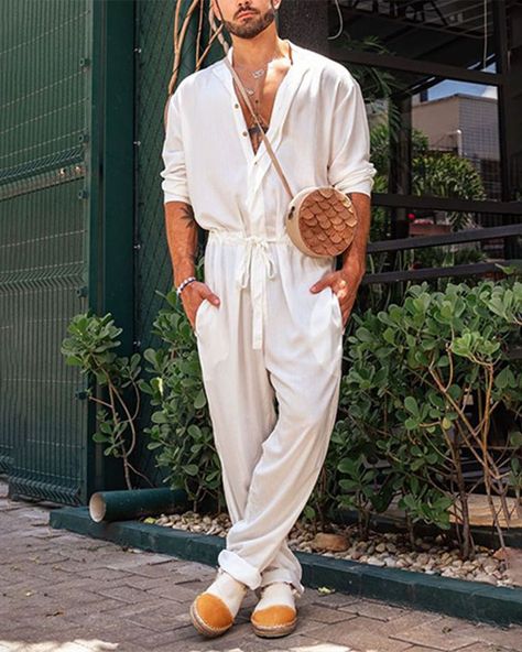 High Fashion Men Outfits Casual, Men’s Jumpsuit, Men Jumpsuit Fashion, Mens Coachella Outfits, Men Romper, Mens Coachella, Mens Jumpsuit Fashion, Mens Rompers, Jumpsuit Outfit Men