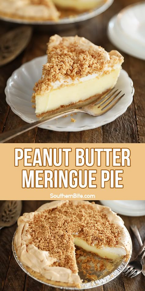 This recipe for my Old Fashioned Peanut Butter Meringue Pie is a vintage recipe that you probably remember from your childhood! The pie has a sweet and creamy custard layer, two layers of peanut butter, and a light and fluffy meringue topping! Fluffy Meringue, Meringue Topping, Kinds Of Pie, Peanut Recipes, Healthy Food Facts, Peanut Butter Pie, Butter Pie, Meringue Pie, Pie Dessert