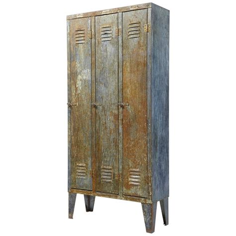 1960s Distressed Industrial Locker Cabinet 3 Door Cabinet, Industrial Lockers, Distressed Cabinets, Metal Cabinets, Industrial Cabinet, Single Shelf, Architectural Pieces, Glass Cabinet Doors, Vintage Cabinets