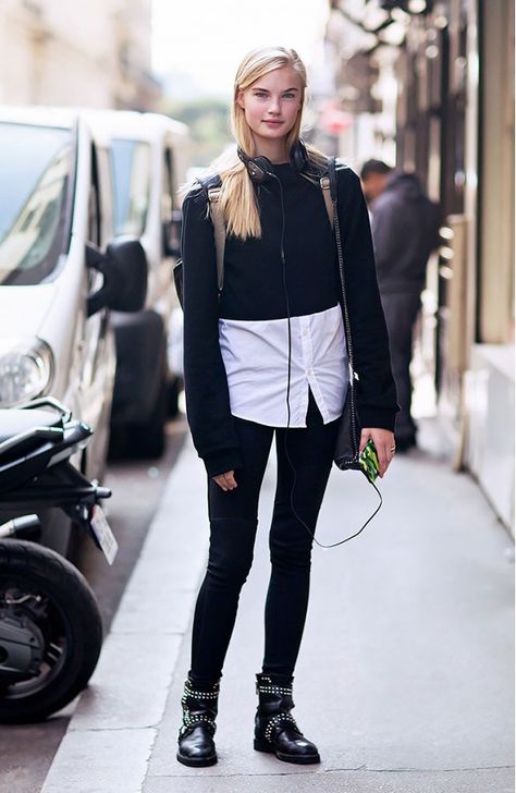 Cropped Sweater, White Button Down, Black Skinnies & Moto Boots Long Brown Sweater, Light Blue Blazers, Idea For Clothes, Fashion Knowledge, Black Knee Boots, Short Black Skirt, Socks Boots, Black And White Outfit, Monterey California