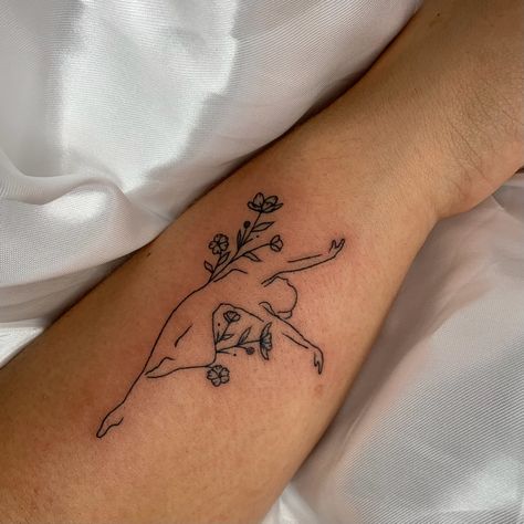 Ex Dancer Tattoo, Small Dancer Tattoo, Dancer With Flowers Tattoo, Ballerina Line Tattoo, Small Minimalist Tattoo Meaning, Matching Dance Tattoos, Dancer Tattoo Ideas Silhouettes, Tap Dance Tattoo, Dancing Angel Tattoo