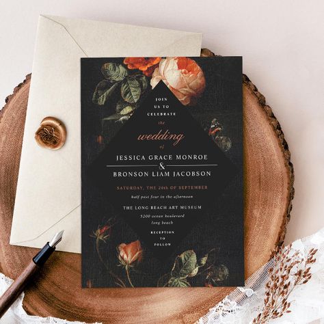 Dark Romantic Floral Roses Dutch Master Wedding Invitation Dutch Masters Wedding, Moody Wedding Invitations, Popular Wedding Invitations, Wedding Announcement Cards, Background Painting, Botanical Wedding Invitations, Floral Save The Dates, Black Wedding Invitations, Dark Romantic