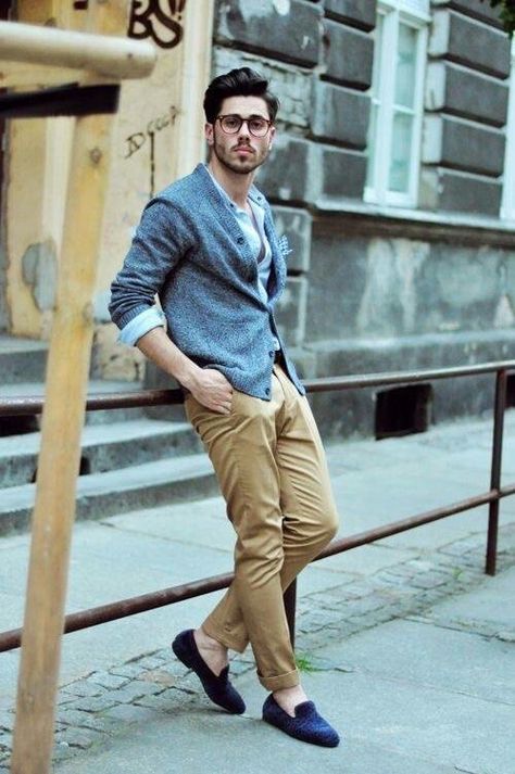 Blue Loafers Men Outfit, Blue Chinos Men, Loafers Men Outfit, How To Wear Loafers, Navy Loafers, Blue Suede Loafers, Light Blue Cardigan, Blue Loafers, Loafers Outfit