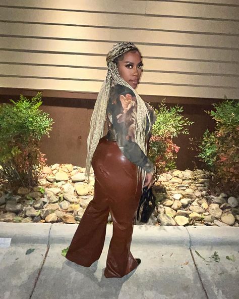 Leather Bell Bottoms, Blonde Box Braids, Baddie Fall Outfits, Angel Print, Two Tone Heels, Heels Black, Black Mini Purse, Outfit Inspo Fall, Mesh Top Outfit