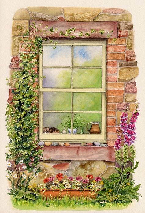 #Cottage #Window (#watercolour on paper) by Lynne Henderson #lynnehendersonarts #cottagewindow #cat #windowsill #foxgloves #ivy #stone #wall #rustic #building Cottage Drawing Simple, Cottage Drawing, Cottage Illustration, Cottage Windows, Window Illustration, Tombow Markers, Window Drawing, Country Paintings, Canvas Drawings