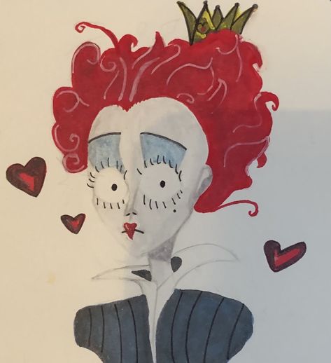 Queen Of Hearts Sketch, Queen Of Hearts Drawing Easy, The Queen Of Hearts Drawing, Draw Alice In Wonderland, Tim Burton Drawings Sketches, Movie Drawing Ideas, Tim Burton Art Drawings, Tim Burton Art Style Tutorial, Tim Burton Inspired Art