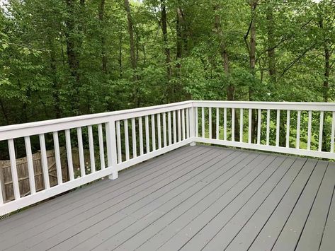 Gray Deck With White Railing, Grey And White Deck Ideas, Grey Painted Deck, Deck Colors Ideas Paint White House, Boothill Grey Behr Deck, Benjamin Moore Deck Paint Colors, Deck Correct Before And After, Deck Colors For Gray House, Deck Colors For Tan House