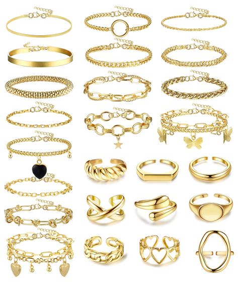 PRICES MAY VARY. 【Gold Bracelet Pack】To make you looks more charming, we have prepared 16 pcs womens gold bracelet set, such as chunky bracelet gold, star gold bracelet, heart bracelets gold, and other gold bracelet set for women. Besides，there are also 9 chunky gold rings of gold bracelet sets, such as signet gold chunky rings, open X gold rings chunky, gold chunky dome rings, croissant chunky gold ring, chain chunky ring set, ect. 【Adjustable Ring and Bracelet Set】To match different sizes, the Gold Necklaces Trendy, Gold Jewelry Ideas For Women, Rings And Bracelets, Cute Cheap Gold Bracelets, Rings Amazon, Gold Chunky Bracelets, Cheap Chunky Gold Jewelry, Amazon Gold Jewelry, Gold Jewelry Old Money