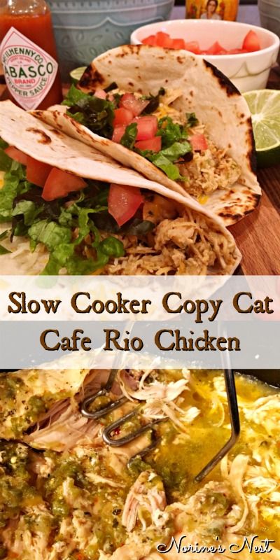 Slow cooker boneless skinless copy cat Cafe Rio Chicken made with just 5 ingredients, tender, juicy, and loaded with flavor. Chili Verde Sauce, Cafe Rio Chicken, Chili Verde, Cafe Rio, Verde Sauce, Tacos And Burritos, Slow Cooked Meals, Cat Cafe, Slow Cooker Chicken