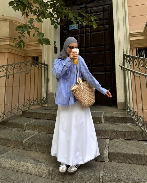 I just needed a ballon skirt!☁️🩵 summer outfit, Pinterest summer girl, maxi skirt, white skirt, blue shirt, modest fashion, hijabi, hijab tutorial, Pinterest style, aesthetic summer girl, modesty, basket bag, summer vibes White Skirt Outfit Ideas Hijab, Hijab Shirt Outfit, White Summer Skirt Outfit, White Skirt Outfit Hijab, Hijab Skirt Outfit, Blue And White Outfit Ideas, Hijabi Skirt Outfits, Spring Modest Outfits, Style White Skirt