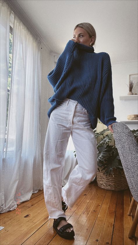 Woman wearing oversized blue sweater and white denim Coastal Mum Fashion, Coastal Grandma Outfits 2023, Coastal Aesthetic Fashion, Fall Coastal Granddaughter, Costal Grandma Dress, Coastal Chic Aesthetic Outfit, Coastal Mom Aesthetic Outfits, Coastal Cozy Outfit, Coastal Walk Outfit