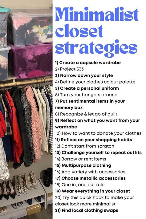 Dive into simplicity with our 21 innovative strategies to minimize your closet. From mastering a capsule wardrobe to embracing a personal uniform, discover how to declutter your space and refine your style. Start your minimalist journey today and transform your closet into a haven of intention. #MinimalistWardrobe #ClosetCleanse #SimplifyYourStyle Find Your Style Aesthetic, Minimalist Closet Capsule Wardrobe, Capsule Wardrobe Essentials List, Capsule Wardrobe List, Personal Style Types, Closet Tips, Become A Minimalist, Personal Uniform, Closet Edit