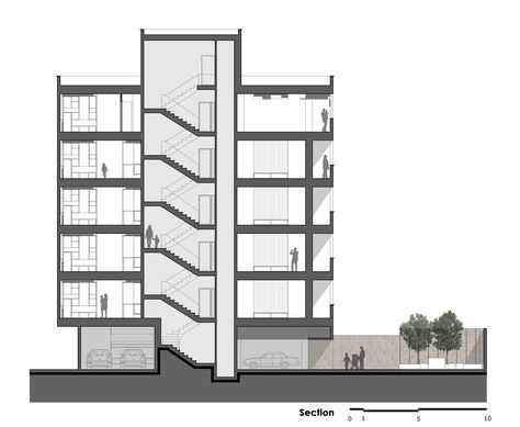 Image 18 of 20 from gallery of Khish-Khaneh Residential Building / Behzad Yaghmaei + Azadeh Mahmoudi. Section Architecture Section, Concrete Architecture, Hotel Plan, Architecture Design Drawing, Study Architecture, Architecture Building Design, Architectural Section, Building Section, Architecture Plan