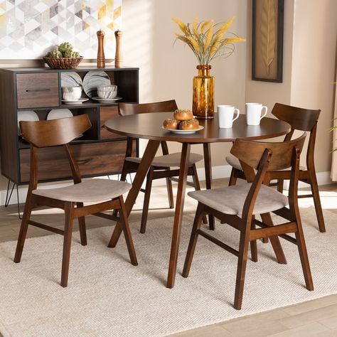 Timothy Mid-Century Modern Transitional 5-Piece Dining Set - Bed Bath & Beyond - 31227433 Light Grey Fabric, Set Meja Makan, Solid Wood Dining Set, 4 Dining Chairs, Round Table Top, 5 Piece Dining Set, Baxton Studio, Modern Transitional, Beige Fabric