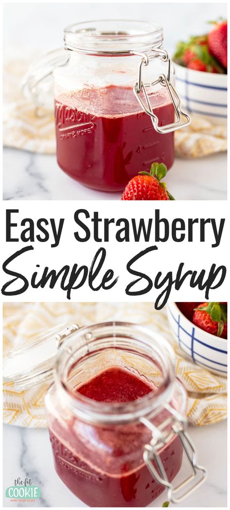 Our homemade strawberry simple syrup is made with real strawberries and is easy to make and made with simple ingredients! This syrup is perfect for your favorite drinks, such as cocktails, mocktails, matcha lattes, lemonades, and more. | thefitcookie.com Strawberry Basil Simple Syrup, Strawberry Basil Cocktail, Basil Simple Syrup, Strawberry Simple Syrup, Cocktails And Mocktails, Homemade Lemonade Recipes, Summer Lemonade, Strawberry Basil, Homemade Soda