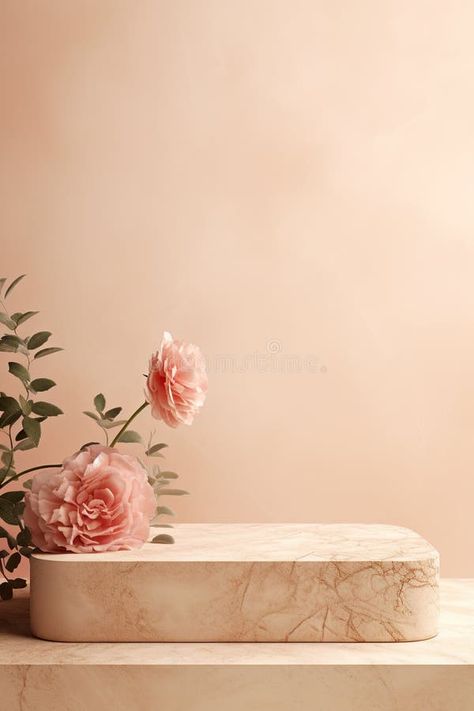 Podium with beautiful flowers. Mock up for product, cosmetic presentation. Pedestal or platform for beauty products royalty free stock photo Cosmetic Product Background, Background Cosmetic Beauty, Product Shoot Background, Flower Product Photography, Wallpaper Cosmetics, Cosmetics Wallpaper, Cosmetic Poster, Product Podium, Podium Background