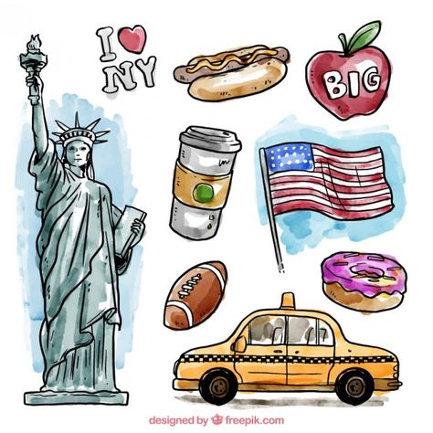 Elementos de nueva york en acuarela vector gratuito Manhattan Trip, New York Drawing, New York Illustration, New York Journal, New York Painting, New York Tattoo, Liberty New York, New York Graffiti, American Symbols