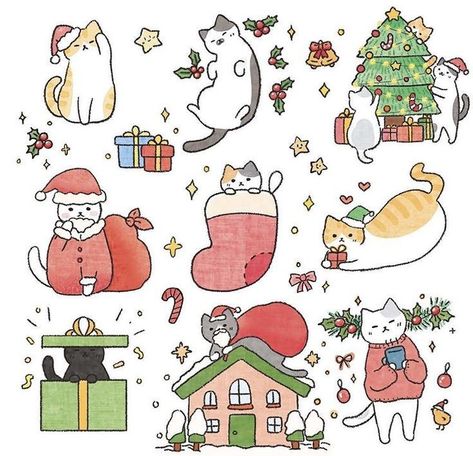 심플한 그림, 귀여운 음식 그림, Winter Cat, Cat Doodle, 강아지 그림, Christmas Doodles, Christmas Drawing, Christmas Illustration, Kawaii Drawings