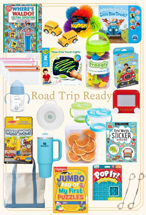 road trip essentials for toddlers Roadtrip Kid Ideas, Travel Kits For Kids Car Rides, Roadtrip Essentials For Kids, Toddler Road Trip Essentials, Road Trip Essentials For Kids, Christmas Road Trip, Road Trip Toys, Young Toddler Activities, Toddler Road Trip