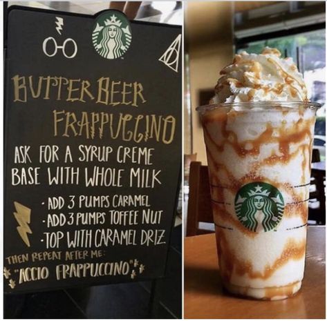 Butter Beer Frappuccino, Beer Butter, Frappuccino Starbucks, Starbucks Hacks, Starbucks Secret Menu Recipes, Butter Beer, Secret Starbucks Recipes, Iced Starbucks Drinks, Healthy Starbucks Drinks