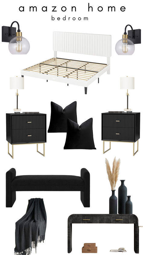 amazon home finds        #blackandwhite #bedroominspo #adultbedroom #modernbedroom #ad #amazonhome #amazonfinds Bedroom Inspirations Black, Amazon Bedroom Finds, Black White And Gold Bedroom, Mood Board Bedroom, Amazon Bedroom, Black Room Decor, Black And White Bedroom, Modern Apartment Living Room, Amazon Home Finds